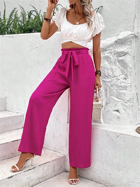 Shein Lune Solid Belted Wide Leg Pants Shein Usa