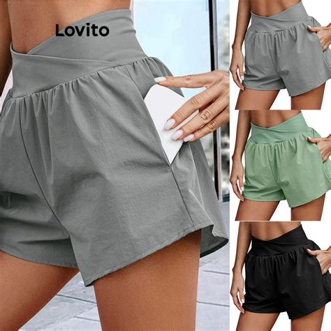 Lovito Shorts Esportivos Esportivos Bolso Liso Para Mulheres