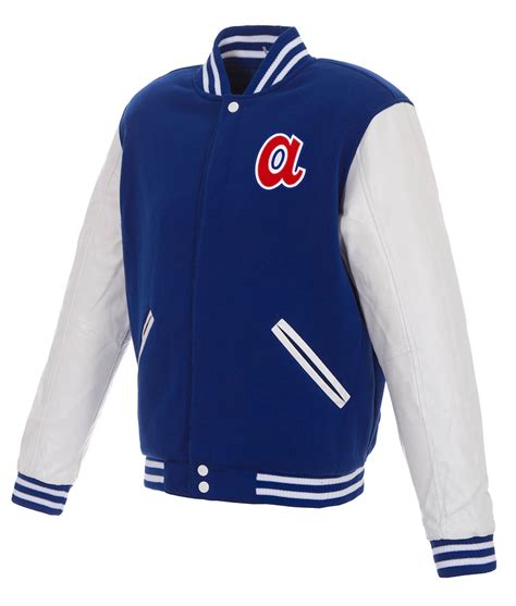 Full Snap Wool Leather Atlanta Braves Royal Blue And White Varsity