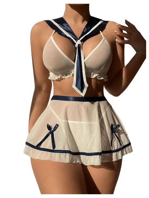 Shenhe Women S Cosplay Lingerie Set Sailor Bow Bralettes And Thong With Skirt Costumes Outfit