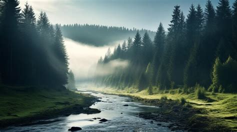 Premium AI Image Landscape Of Misty Pine Forest Valley Under Morning