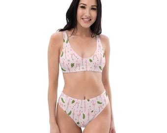 Pink Flamingos High Waisted Bikini Eco Friendly Recycled Etsy