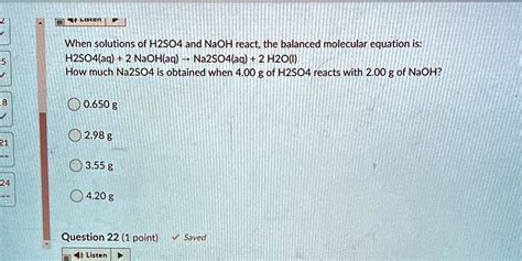 SOLVED When Solutions Of H2SO4 And NaOH React The Balanced Molecular