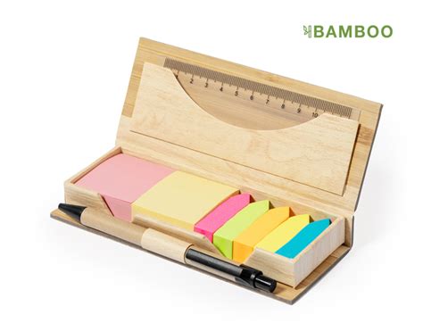 Porta Taco Con Post It Ecologico De Bambu Y Lapicero Merchandising Per