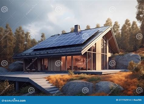 Sustainable Home With Solar Panels On Roof Generative AI Stock Photo