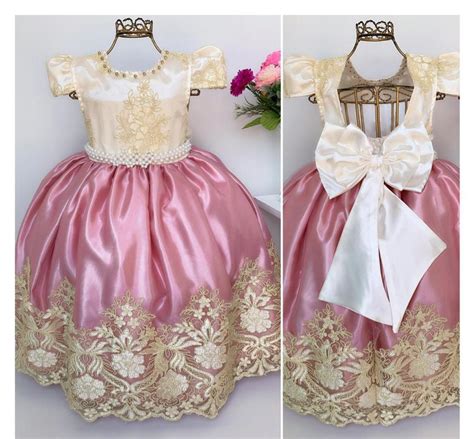 Vestido Infantil Rosê e Marfim Rendado Longos Damas Rosa Charmosa Atacado