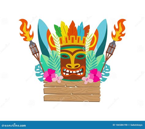 Tiki Mask Surfboard And Hawaiian Holiday Items Flat Vector