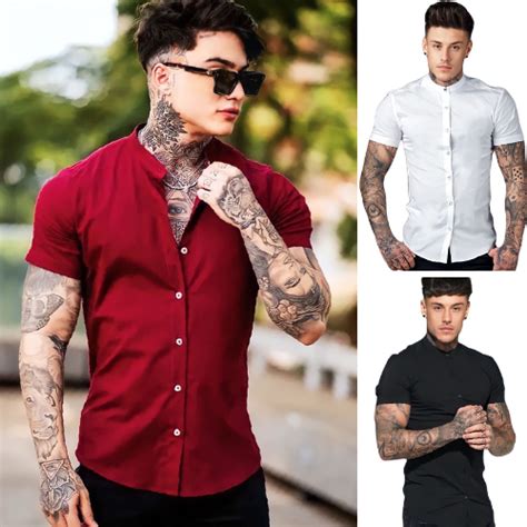 Camisa Social Masculina Gola Padre De Luxo Manga Curta Slim Fit