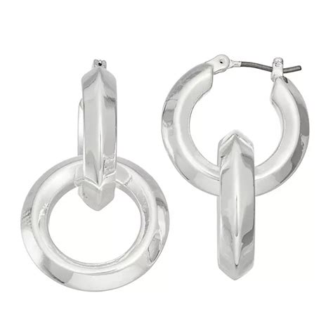 Nine West Silver Tone Double Hoop Drop Earrings
