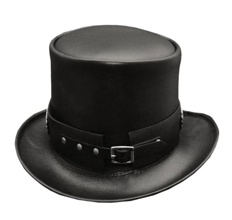 Leather Top Hat Rocker Slash Style Leather Concho Band Black