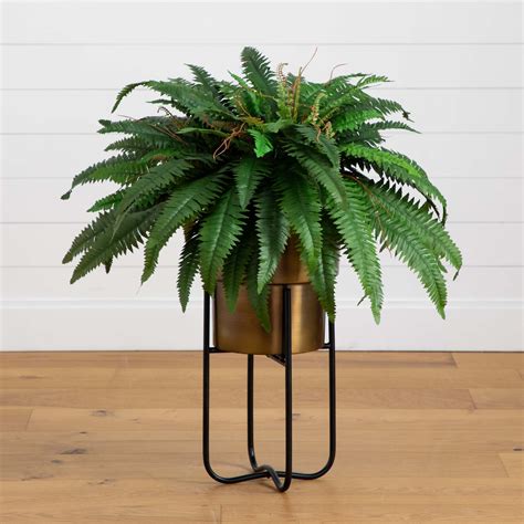 35” Artificial Boston Fern In Brass Metal Planter With Stand Nearly