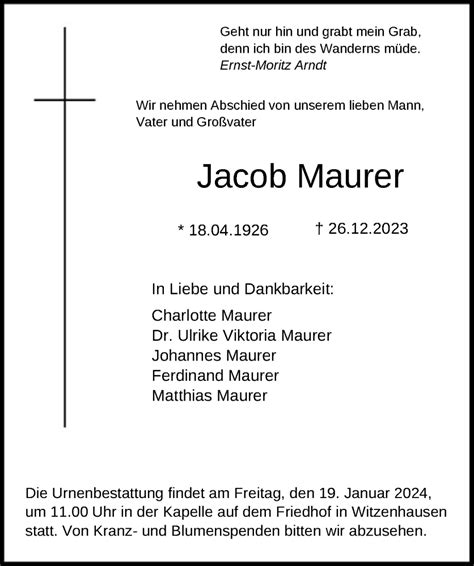 Traueranzeigen Von Jacob Maurer Trauer HNA De