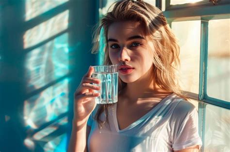 Premium Photo Portrait Of A Beautiful Woman Holding A Glass With Water