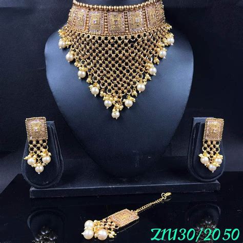 Zevar I Gold Toned Stone Studded Choker Necklace Set Chokers Choker