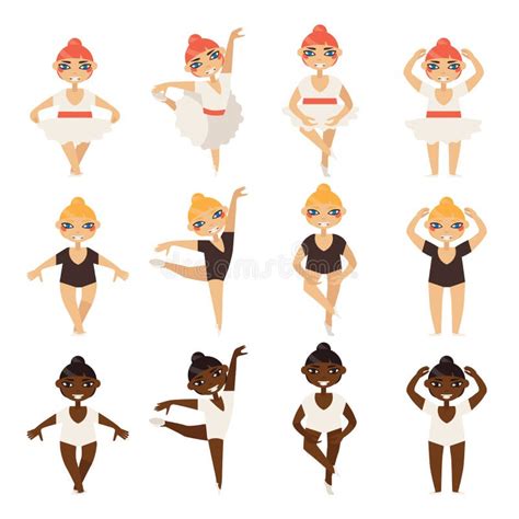 Vector Set with Cute Little Ballerinas in Various Dance Steps. Caucasian and Afro Girls in ...