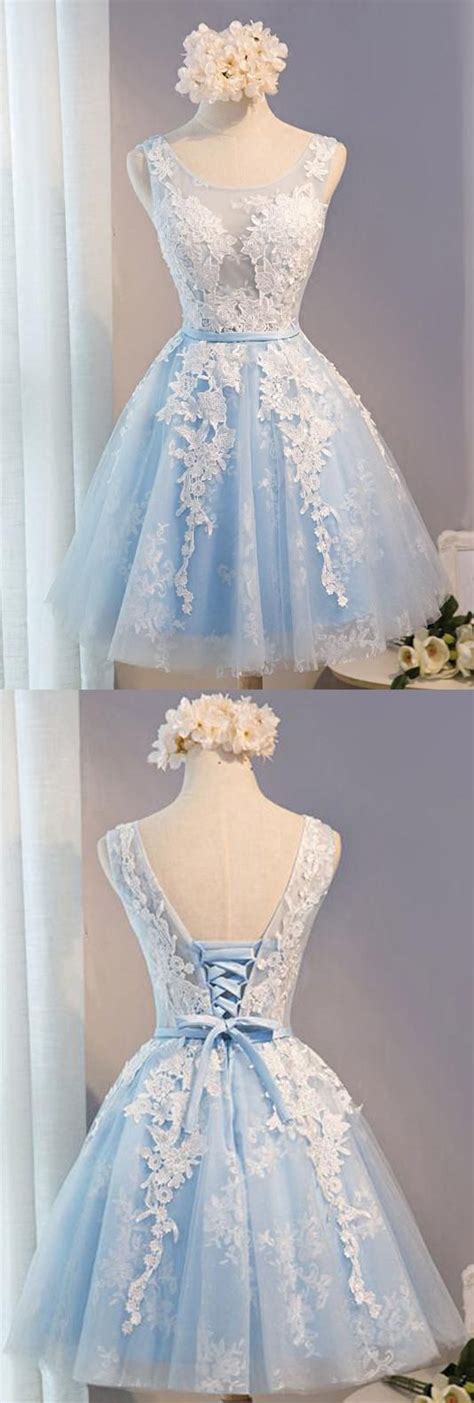 A Line Lace Appliques Round Neck Sky Blue Short Homecoming Dresses Okd7