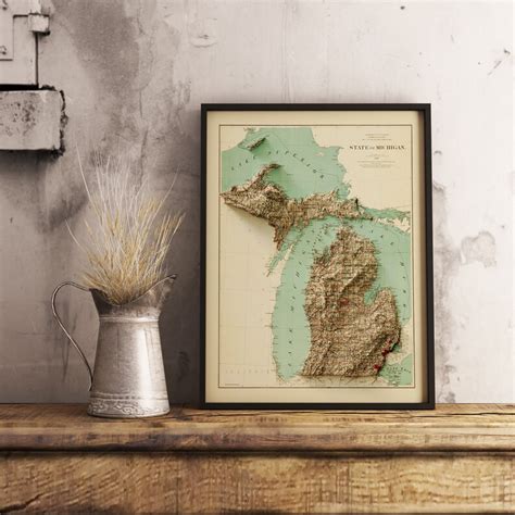 Michigan Map Michigan Relief Map Vintage Map of Michigan Michigan Print ...