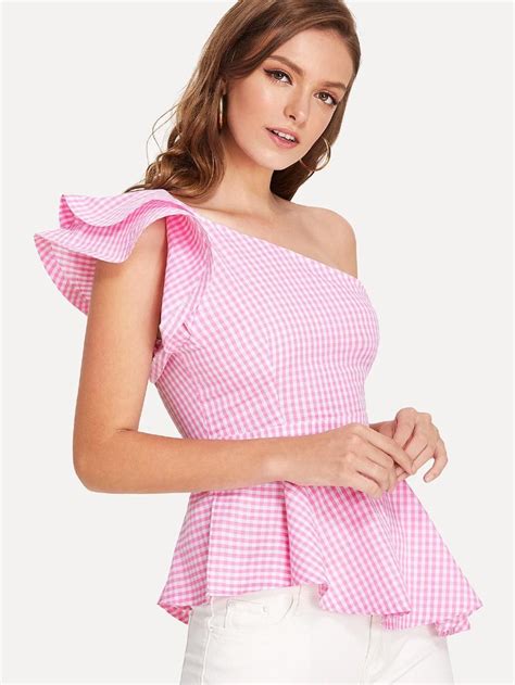 Layered One Shoulder Asymmetric Gingham Peplum Top SheIn Sheinside