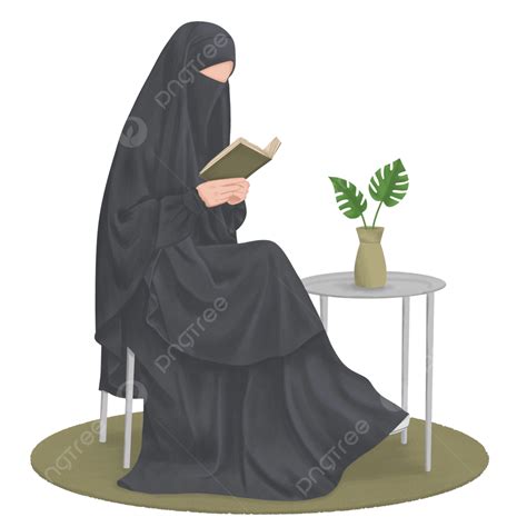 Muslimah Wearing A Black Syar I Hijab Sitting On Chair Reading Book ...