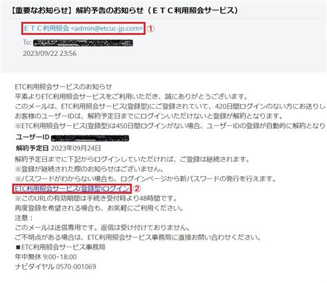 【重要なお知らせ】解約予告のお知らせ（etc利用照会サービス） と題したフィッシング詐欺メール 迷惑メールやフィッシングメールに注意する