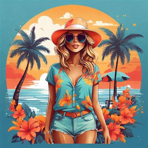 Premium Photo A Tshirt Design Featuring A Stylish Bikini Girl And The Beach