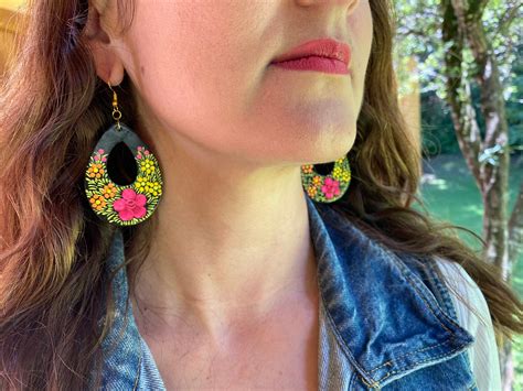 Mexican Earrings Lacquered Earrings Handpainted Wood Etsy