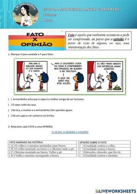 Fato Ou Opini O Worksheet School Subjects Workbook Teachers