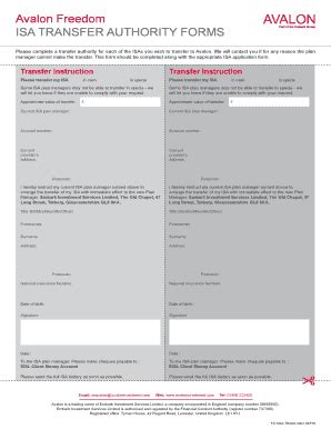 Fillable Online Freedom Isa Transfer Authority Form Avalon Investment