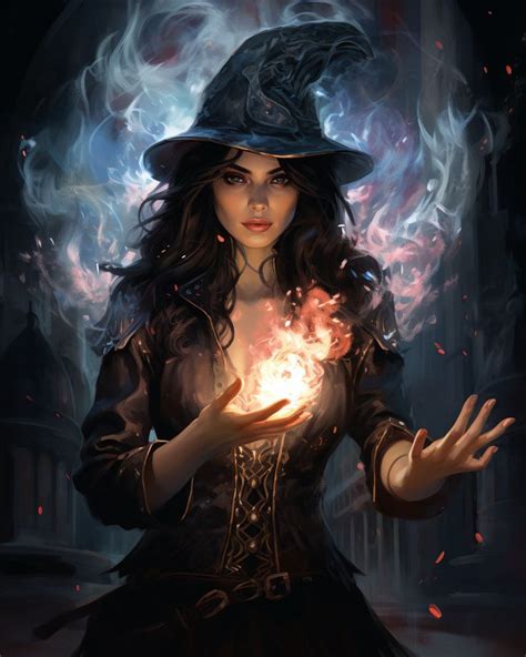 A Woman In A Witches Hat Holding Out Her Hand With Fire Coming Out Of It