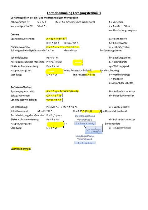 Ft Formelsammlung Zum Lernen Formelsammlung Fertigungstechnik