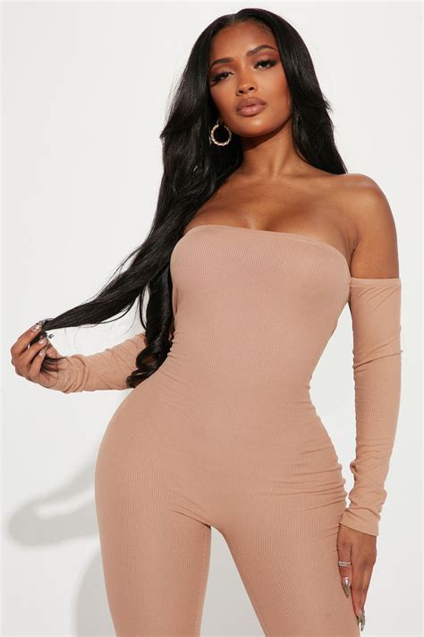 Soothe Off Shoulder Rib Jumpsuit Tan Fashion Nova Jumpsuits