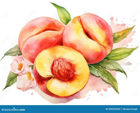 Watercolor Peach Isolated Aquarelle Peach Fruit And Leaves Creative