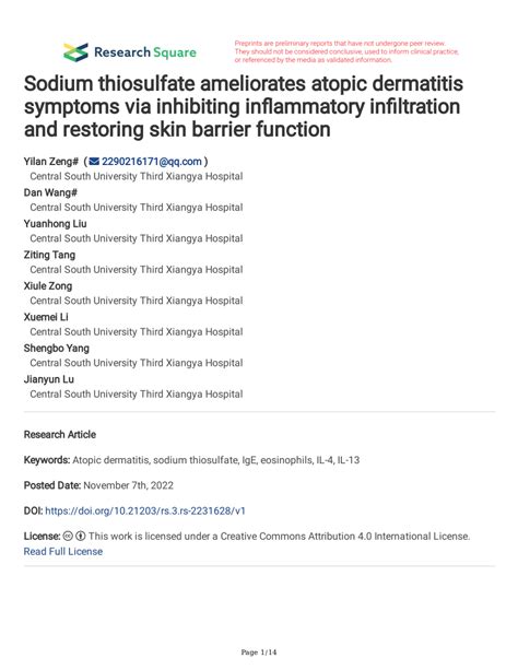 Pdf Sodium Thiosulfate Ameliorates Atopic Dermatitis Symptoms Via