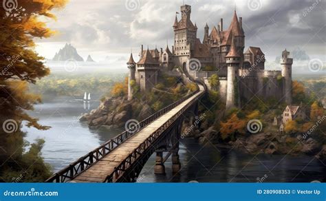 Medieval Castle On The Island And A Bridge Leading Generative Ai