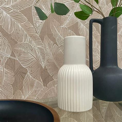 Belgravia Decor Anaya Leaf Textured Taupe Shiny Tropical Wallpaper