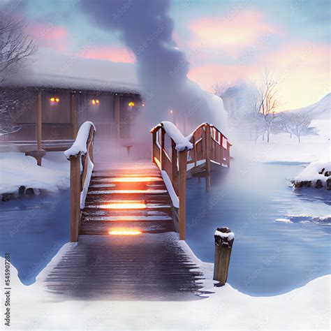 The Girl Bathes In A Hot Spring In The Open Air With A Gorgeous View Of The Snowy Mountains
