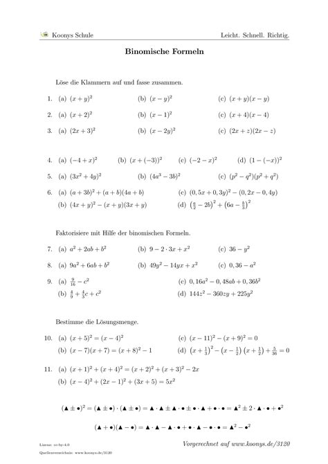 Binomische Formeln Arbeitsblatt Pdf