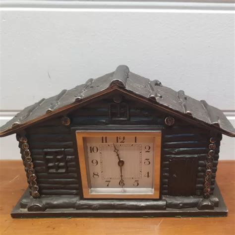 Antique Log Cabin House Mantle Clock Deco Arts Crafts Spelter Working