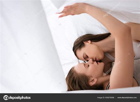 Side View Brunette Woman Closed Eyes Kissing Lesbian Girlfriend White