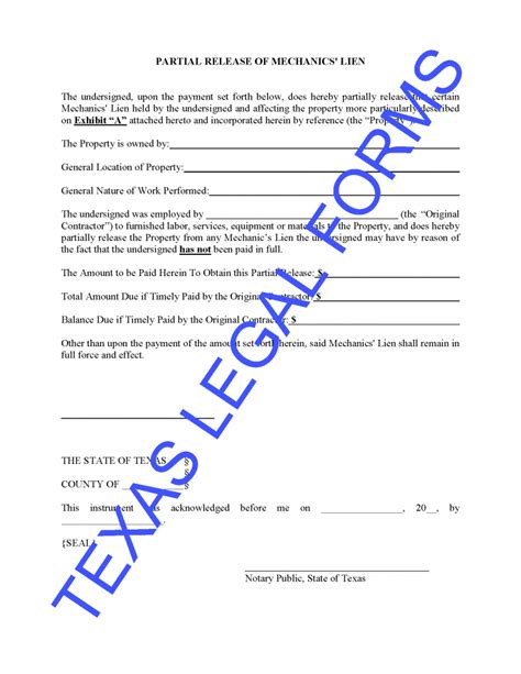 Texas Partial Release Of Mechanics Lien Form Buy Legal Forms Online