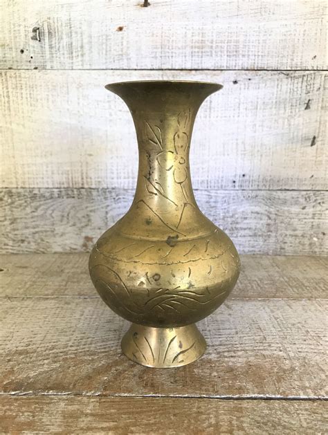 Brass Vase Etched Brass Vase Small Brass Vase Ornate Flower Etsy