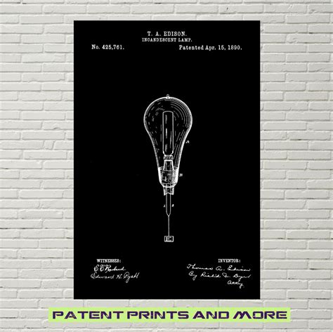 Light Bulb Patent Print Thomas Edison Poster Incandescent | Etsy Thomas ...