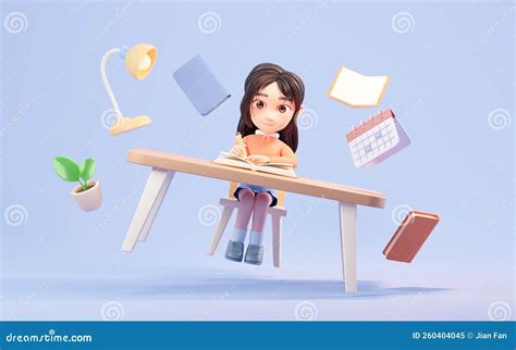 Little Girl Study Hard Learning At Desk 3d Rendering Stock