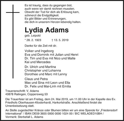 Traueranzeigen Von Lydia Adams Trauer In Nrw De