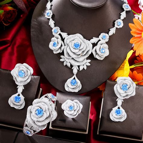 GODKI Trendy 4PCS Luxury Ruby Flower Statement Jewelry Set For Women