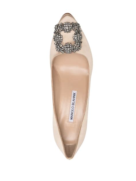 Manolo Blahnik Hangisi Satin Pumps With Fmc Crystal Buckle In Nude Modesens