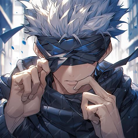 Premium Photo Gojo Satoru Pulling Up Blindfold Blue Eyes Anime Art Style