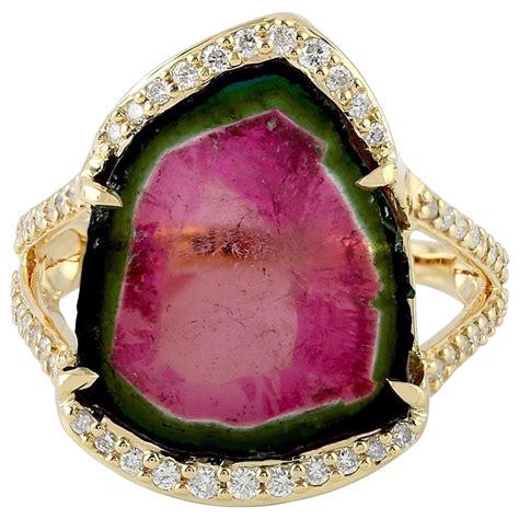 Customizable Watermelon Tourmaline Diamond 18 Karat Gold Ring For Sale