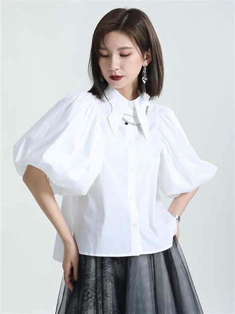 Toloer Women White Shaped Elegant Blouse New Lapel Half Lantern Sleeve