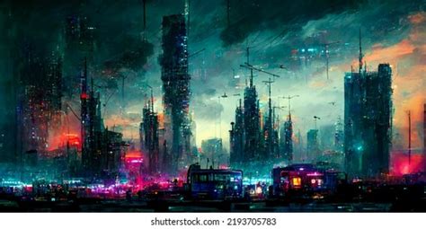 Cyberpunk Post Apocalyptic City Ruins Glowing Stock Illustration